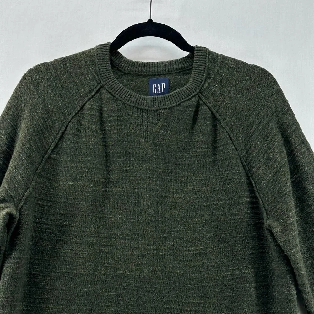 GAP Pullover Sweater Men M Crew Neck Cotton Knit Long Sleeve Heather Olive Green